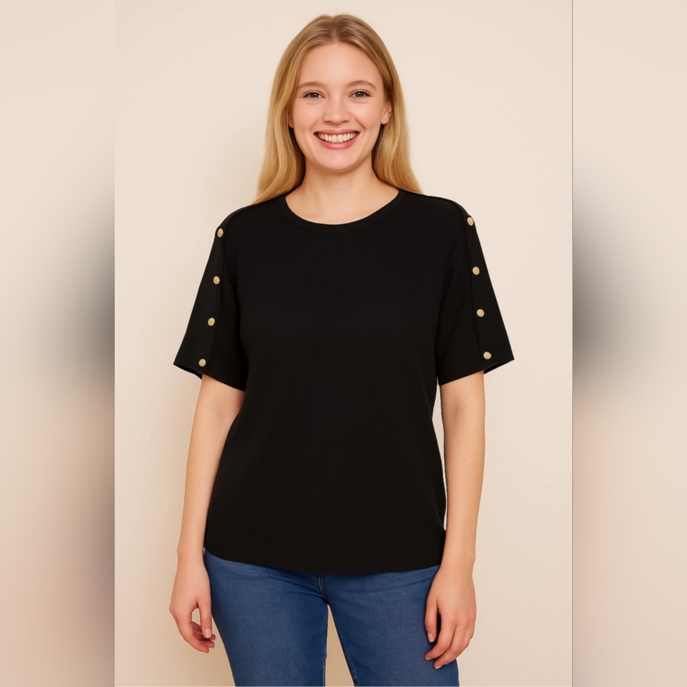 Anne Klein Black Tee with Gold Button Details Size Xl